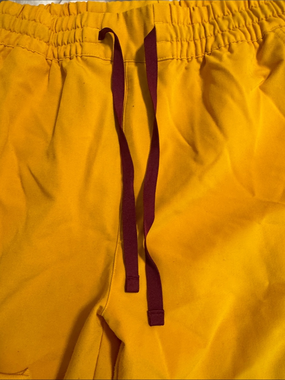 Women’s Figs Mustard Yellow Cargo Joggers with Maroon Drawstring - Picture 3 of 8